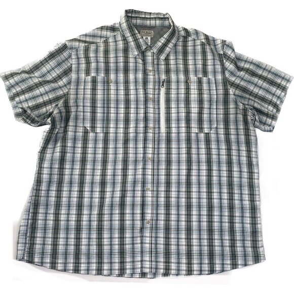 L.L Bean Button Up Shirt Plaid Short Sleeve Double Pockets Zip Men Size XXL Reg - Picture 1 of 7